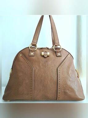 Authentic YSL SAINT LAURENT Muse Brown Y Leather Weekender Boston Travel Tote